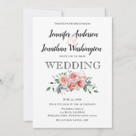 ミニマリストピンクウォーターカラーローズブーケ 案内状