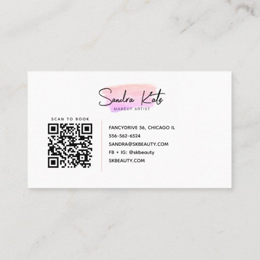 ミニマリストピンクウォーターカラーQRコード美しいメイクアップ 名刺 (裏面)