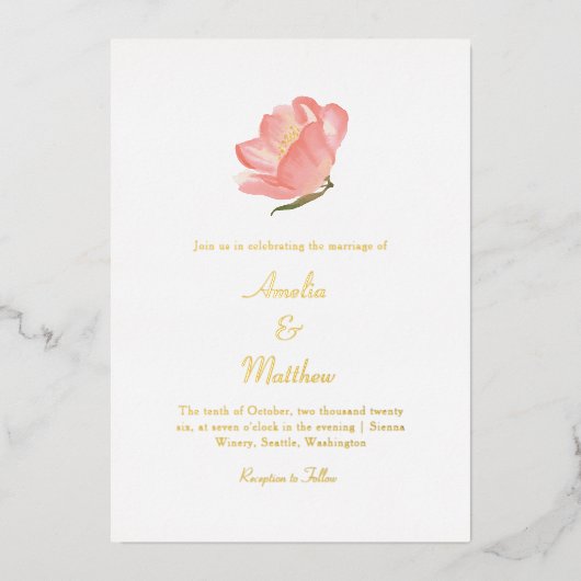 ミニマリストピンクウォーター結婚カラーフローラ金ゴールド 箔招待状 (正面)