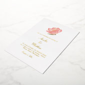 ミニマリストピンクウォーター結婚カラーフローラ金ゴールド 箔招待状 (回転した状態)