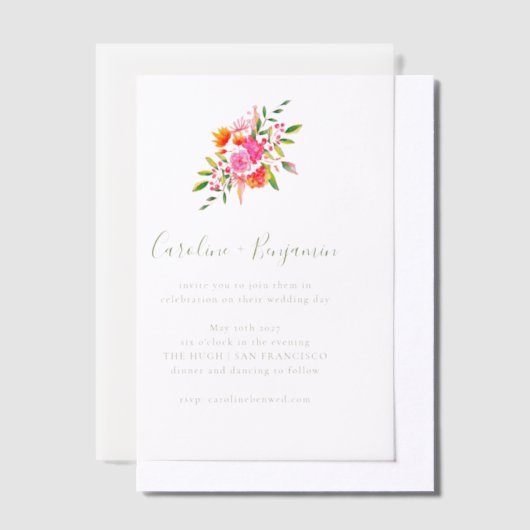 ミニマリストピンクオレンジグリーン結婚フローラ ベラム紙招待状 (オフセット)