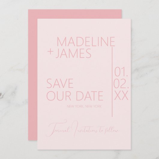 ミニマリストピンクオンライトピンクタイプ日付の保存 招待状 (正面/裏面)