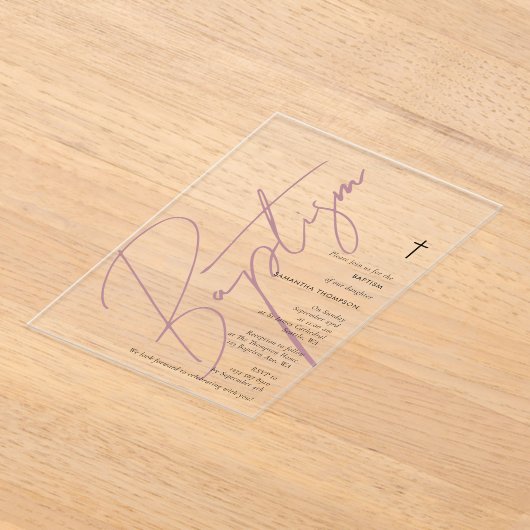 ミニマリストピンクガールスクリプトバプテスマ《キリスト教》洗礼式や命名式 アクリル招待状 (レイダウン)