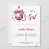 ミニマリストピンククリスマスオーナメントベビーシャワー 招待状 (正面)