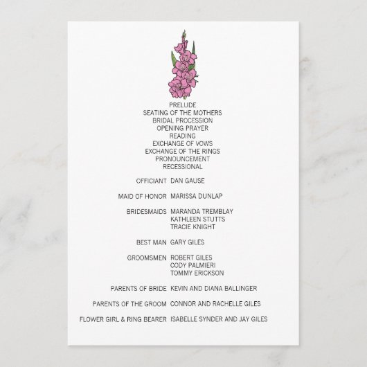 ミニマリストピンクグラジオラス結婚式 プログラム (正面)