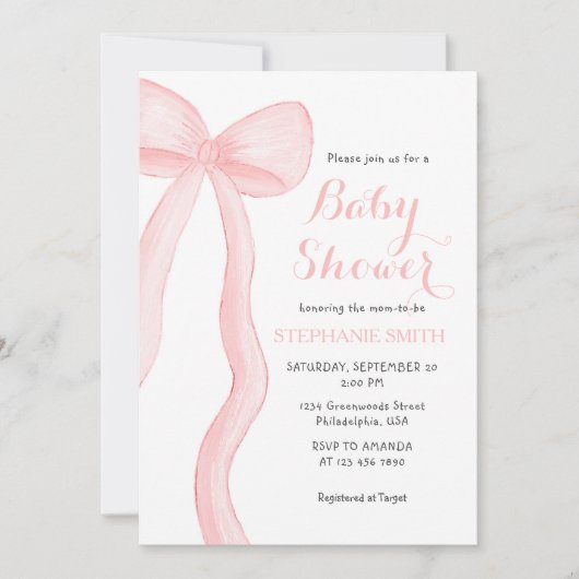 ミニマリストピンクコケットボーガールベビーシャワー 招待状 (正面)