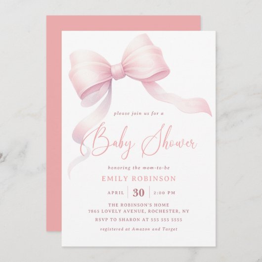 ミニマリストピンクコケットボーガールベビーシャワー 招待状 (正面/裏面)