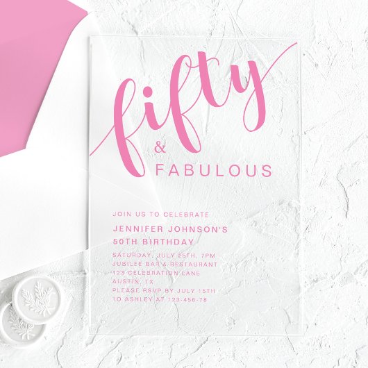 ミニマリストピンクスクリプト50誕生日 アクリル招待状