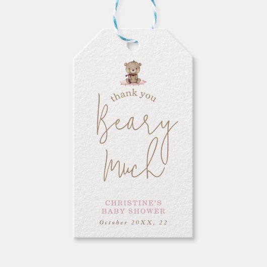 ミニマリストピンクテディベア赤ちゃんシャワーありがとうG ギフトタグ (正面)