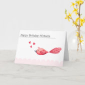 ミニマリストピンクハートとバードハッピーバースデー カード (黄色い花)