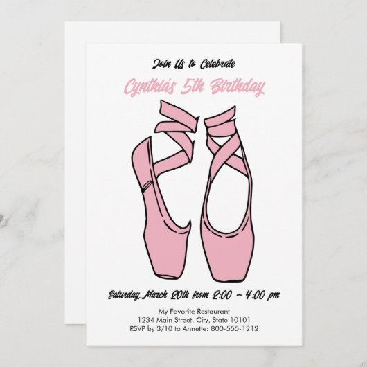 ミニマリストピンクバレエ誕生日パーティーの招待 招待状 (正面/裏面)