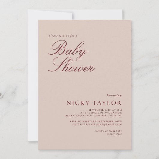 ミニマリストピンクパステルベビーシャワー 招待状 (正面)