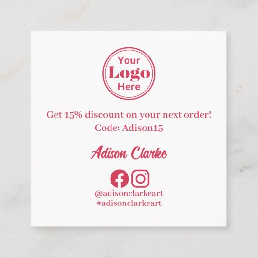 ミニマリストピンクフェザーありがとうブランディング スクエア名刺 (裏面)