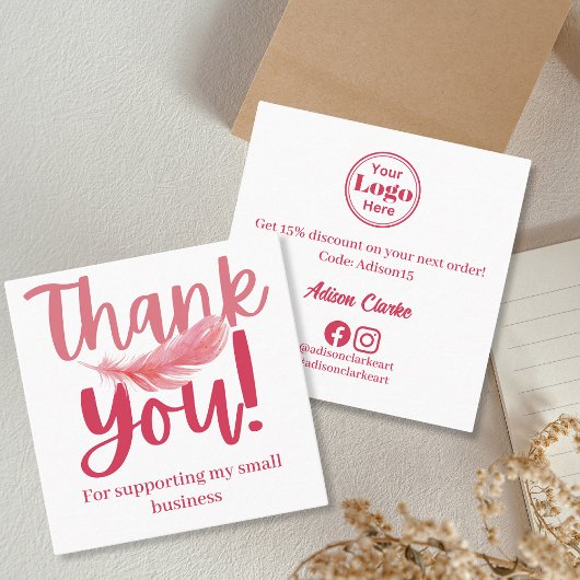 ミニマリストピンクフェザーありがとうブランディング スクエア名刺