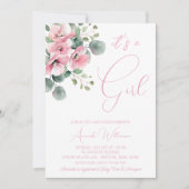 ミニマリストピンクフローラ水彩少女ベビーシャワー 招待状 (正面)