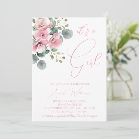 ミニマリストピンクフローラ水彩少女ベビーシャワー 招待状 (スタンド正面)