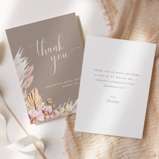 ミニマリストピンクブラウンボホフローラ |ブライダルシャワー サンキューカード
