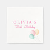 ミニマリストピンクブルーイエローバルーンファースト誕生日 スタンダードカクテルナプキン (正面)