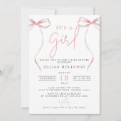 ミニマリストピンクボウその女の子の赤ちゃんシャワー 招待状 (正面)