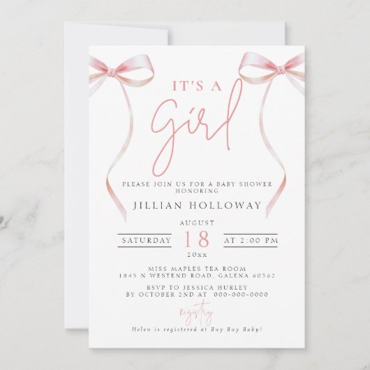 ミニマリストピンクボウその女の子の赤ちゃんシャワー 招待状 (正面)