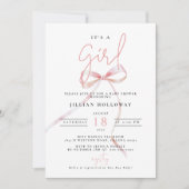 ミニマリストピンクボウその女の子の赤ちゃんシャワー 招待状 (正面)