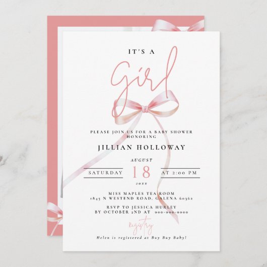 ミニマリストピンクボウその女の子の赤ちゃんシャワー 招待状 (正面/裏面)