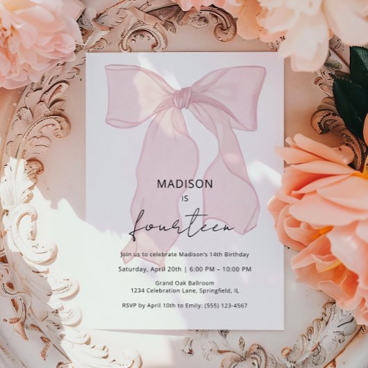 ミニマリストピンクボウコケット誕生日 招待状