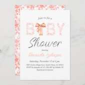 ミニマリストピンクボウトイレフローラベビーシャワー 招待状 (正面/裏面)