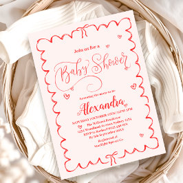 ミニマリストピンクボウドードルベビーシャワー 招待状