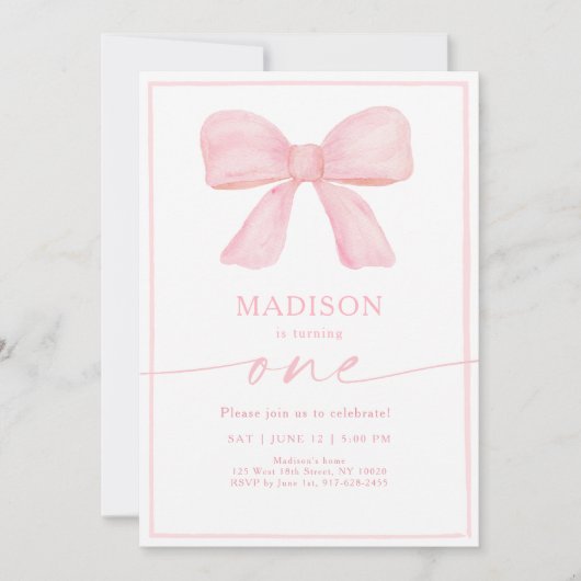 ミニマリストピンクボウファースト誕生日 招待状 (正面)