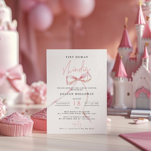 ミニマリストピンクボウ小さな人間Shindig赤ちゃんシャワー 招待状