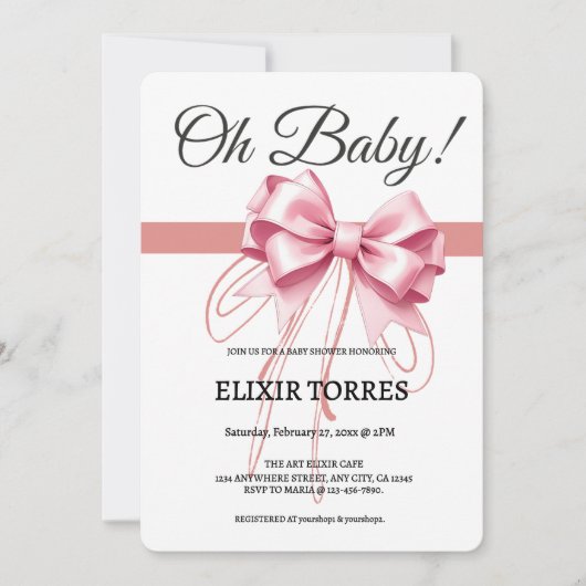 ミニマリストピンクボウ赤ちゃんシャワー 招待状 (正面)