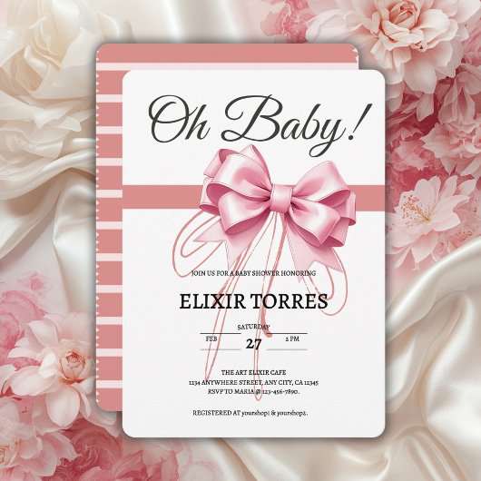 ミニマリストピンクボウ赤ちゃんシャワー 招待状