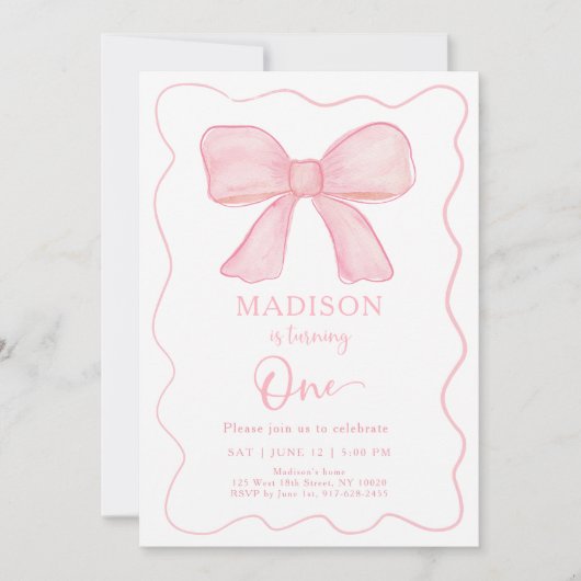 ミニマリストピンクボーガールファースト誕生日 招待状 (正面)