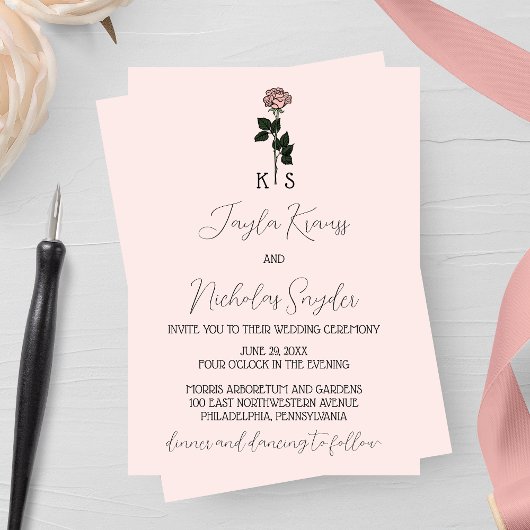 ミニマリストピンクローズモノグラム結婚式招待状 招待状