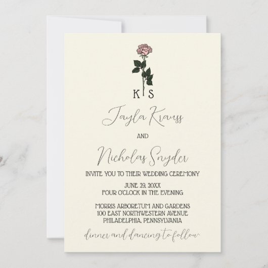 ミニマリストピンクローズモノグラム結婚式招待状 招待状 (正面)
