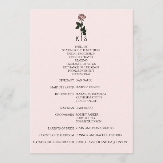 ミニマリストピンクローズモノグラム結婚式 プログラム (正面)