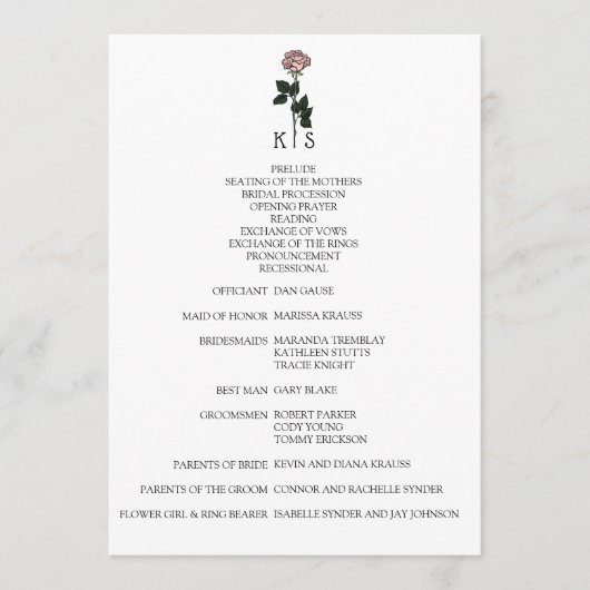 ミニマリストピンクローズモノグラム結婚式 プログラム (正面)