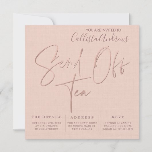 ミニマリストピンクローズ金ゴールドタイポグラフィお茶の送信 招待状 (正面)