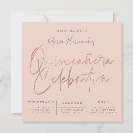 ミニマリストピンクローズ金ゴールドタイポグラフィキンセアニラ 招待状 (正面)