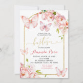 ミニマリストピンク牡丹フローラバタフライバプテスマ 招待状 (正面)
