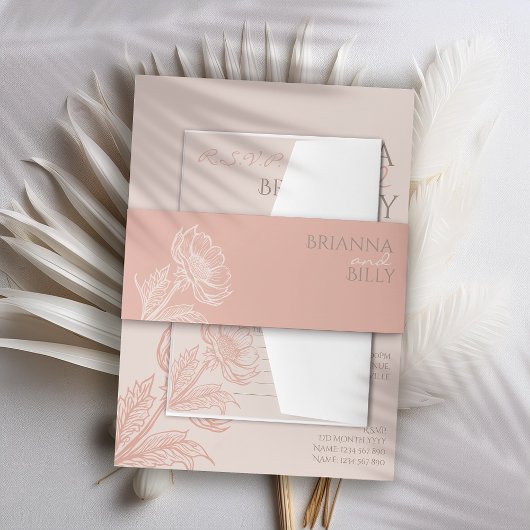 ミニマリストピンク結婚フローラ 招待状ベリーバンド