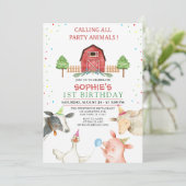 ミニマリストファームアニマルズ納屋周囲の庭誕生日 招待状 (スタンド正面)