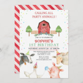 ミニマリストファームアニマルズ納屋周囲の庭誕生日 招待状 (正面/裏面)