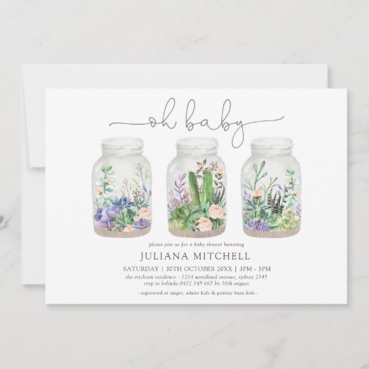 ミニマリストフィエスタテラリウム多肉質ベビーシャワー 招待状 (正面)