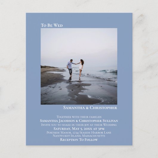 ミニマリストフォトブルーBUDGET結婚式招待状 (正面)