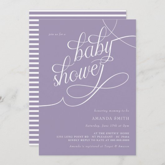 ミニマリストフランスの・ラベンダエレガントー・ベビーシャワー 招待状 (正面/裏面)