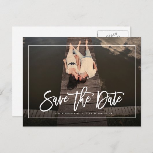 ミニマリストフレームフォトウェディング日付を保存 案内ポストカード (正面/裏面)