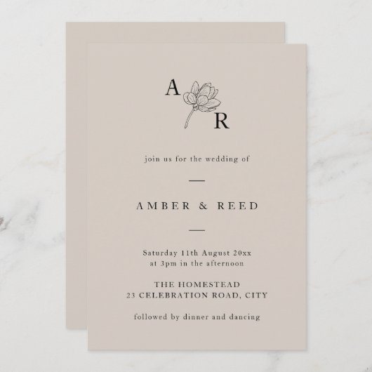 ミニマリストフローラモノグラエレガントムシンプルニュートラル  招待状 (正面/裏面)