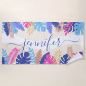 ミニマリストブライト熱帯葉名前をカスタムする ビーチタオル (正面)